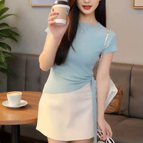 2026 Summer New Tied Knit Top Round Neck Stylish Solid Color Casual Short Sleeve