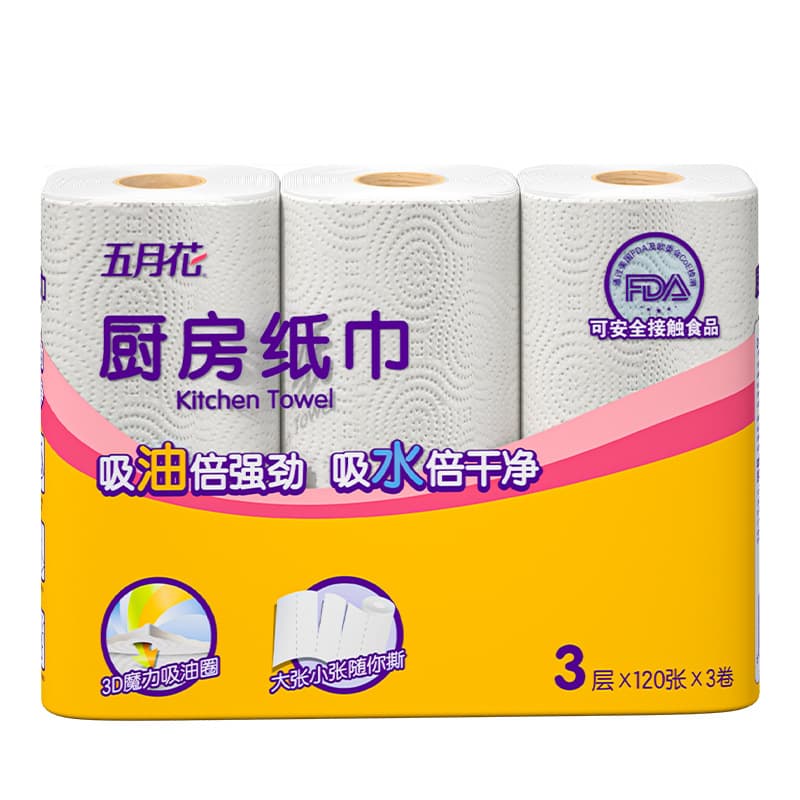May Flower Kitchen Paper Towels, 3-Ply Thick, Absorbent and Oil-Absorbing, 3 Rolls x 1 Pack, Multiple Specifications