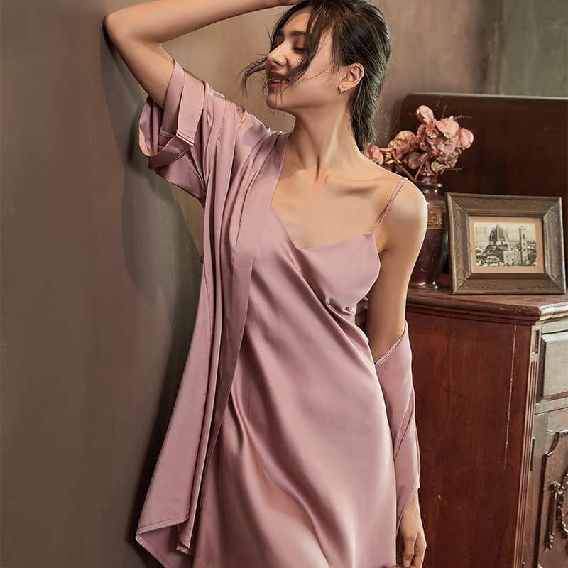 Ice silk summer women's pajamas camisole two-piece set, thin satin kimono nightgown, sexy morning robe, tie-up bathrobe