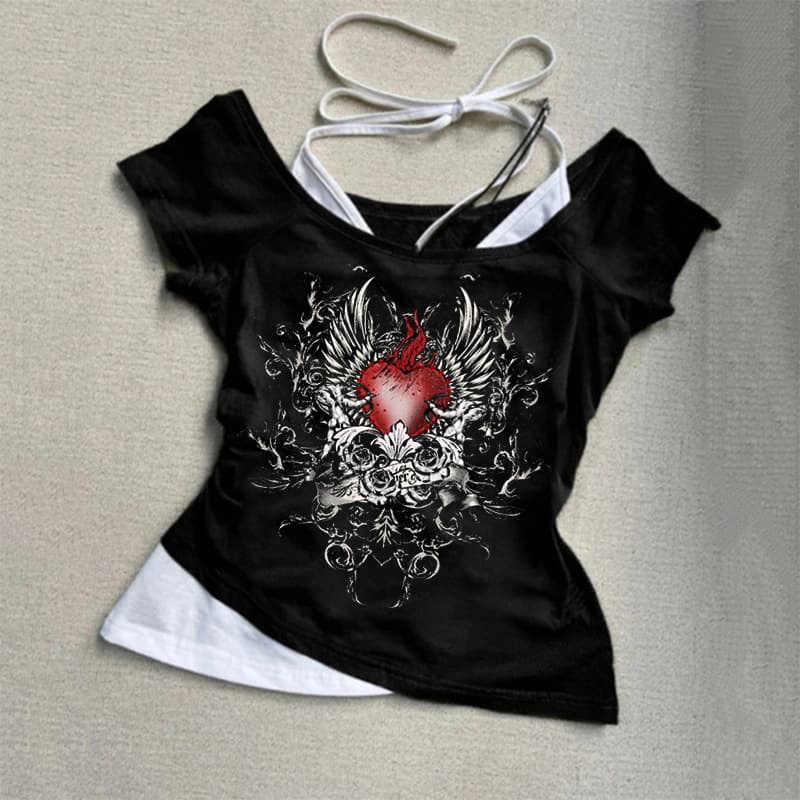 European and American Summer New Millennium Harajuku Punk Gothic Heart Print Short Sleeve Fake Two-Piece T-Shirt