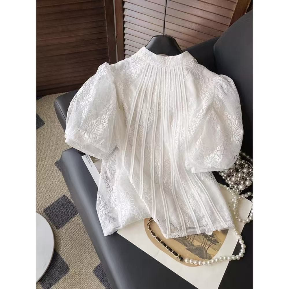 Women's Shirt 2026 Summer New Korean Style Versatile Lantern Sleeve Lace Top Fashion Age-Defying Slimming Blouse