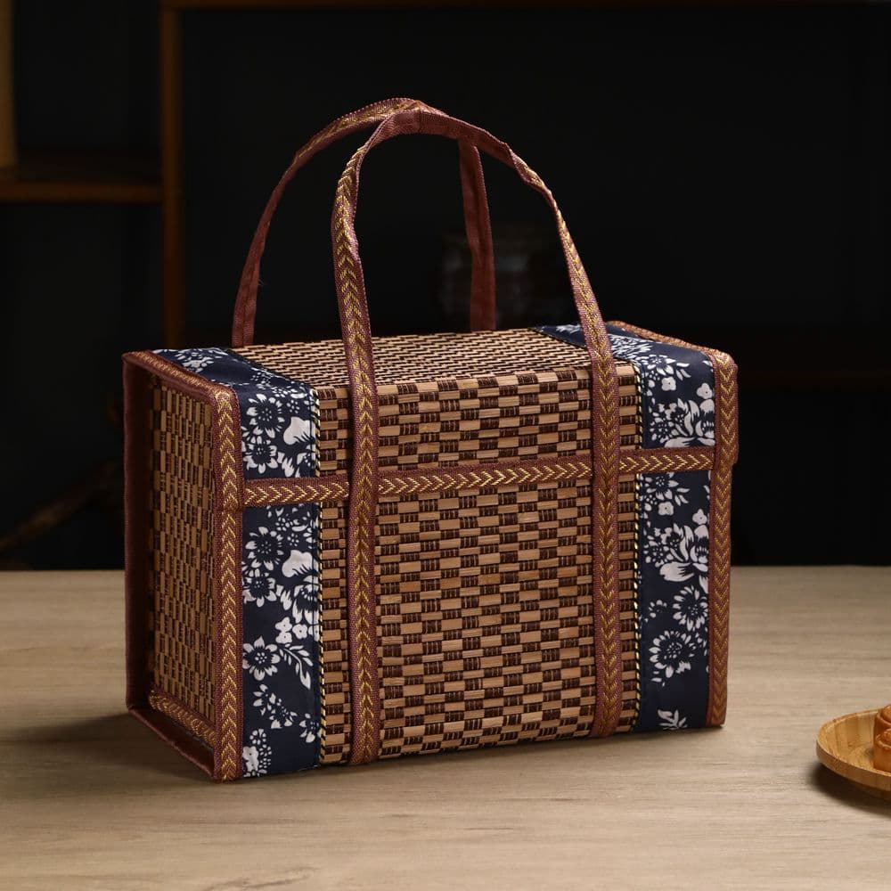 Bamboo Basket Handled Basket for Zongzi, Sausage, Cured Meat, Mooncakes, Crabs, Eggs, Fruits, Specialty Gifts Folding Bamboo Woven Gift Box Packaging