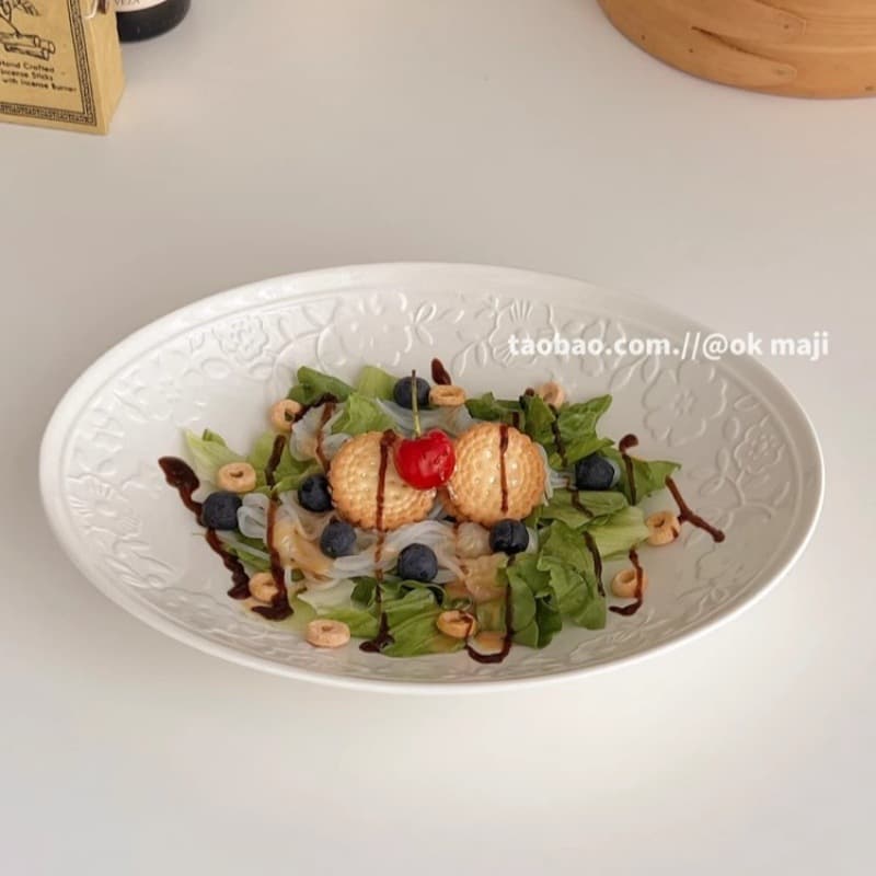 OK Maji Embossed Retro Oval Ins Style Deepened Plate Pure White Ceramic Dinner Plate Dessert Salad Plate Fish Plate