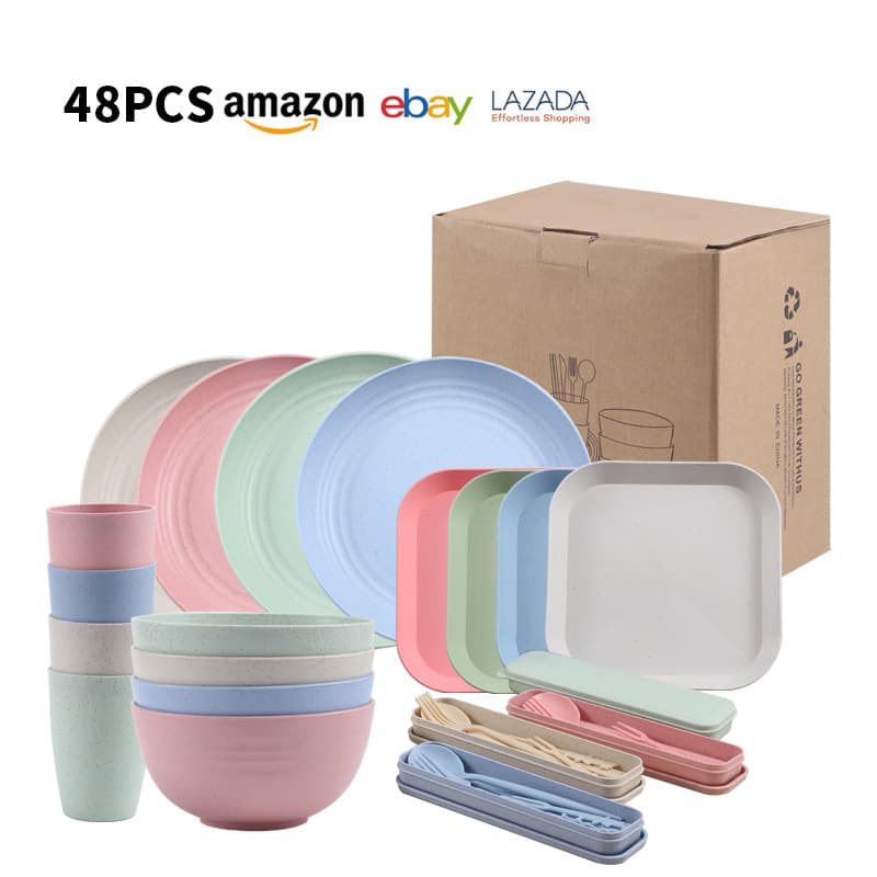 Amazon Wheat Straw Household Soup Bowl Water Cup Tableware Outdoor Convenient Dish Plate Tableware Set Factory Direct Sales