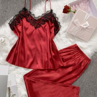 Cross-Border Plus Size Women's Pajama Set Camisole and Long Pants Solid Black Eyelash Lace Trim Satin Casual Comfortable