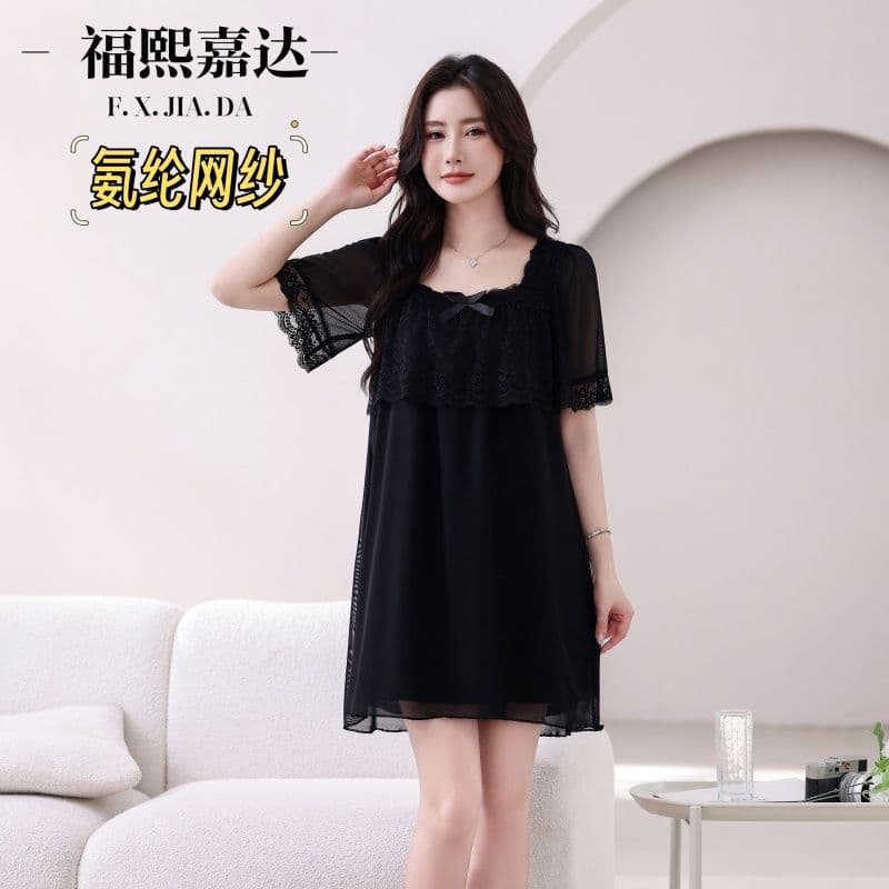 Fuxi Jiada Nightgown Women's New Summer Sexy Sweet Short Sleeve Lace Mesh Fairy Princess Trendy Homewear