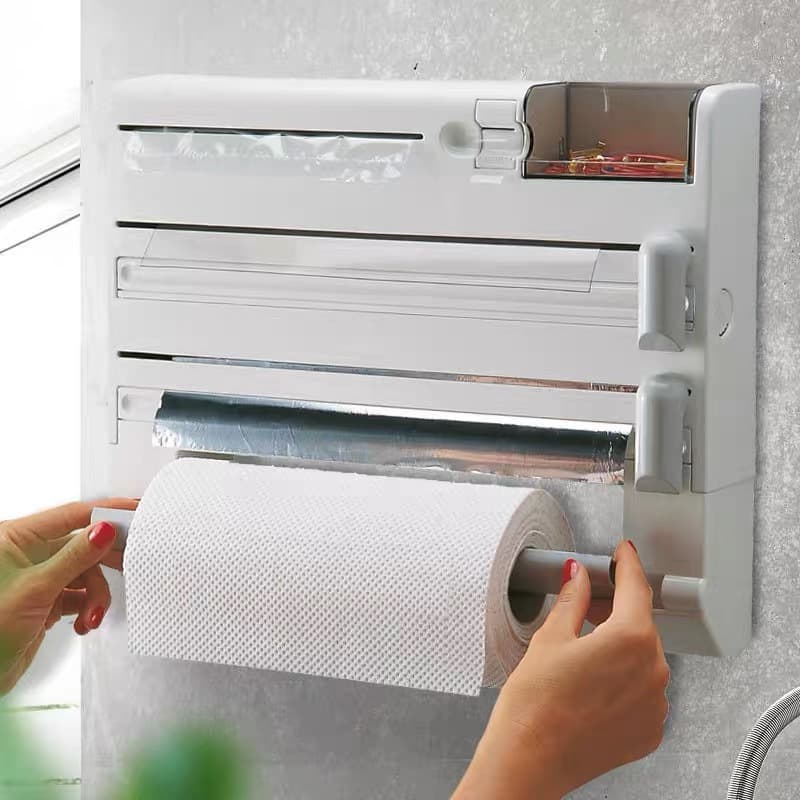 Multi-functional Kitchen Household Wall-mounted Storage Rack for Plastic Wrap Cutter and Paper Roll Holder