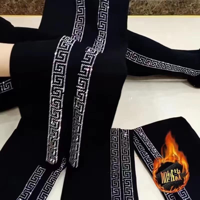 New Fleece-Lined Modal Rhinestone Leggings, Winter Thermal Tights for Women, High-Waist Stretchy 9/10 Length Pants