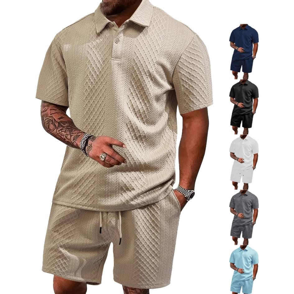 Cross-Border Men's Summer New European and American Jacquard Casual Sports Thin Turn-Down Collar Polo Shirt Short Sleeve Set