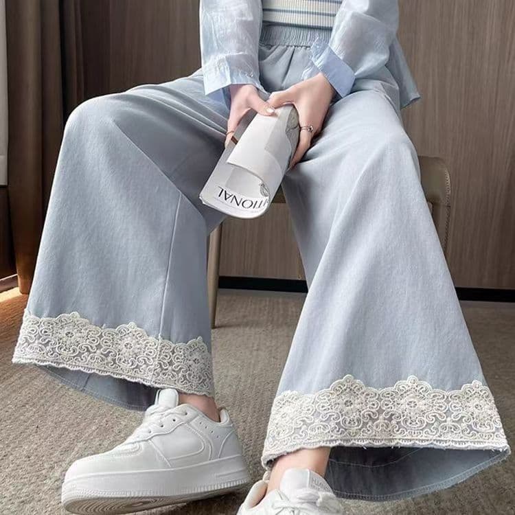 Plus Size Soft Wide Leg Pants with Lace Trim, Spring Forest Style Sweet Droopy Casual Trousers, Ankle Length for Petite Women