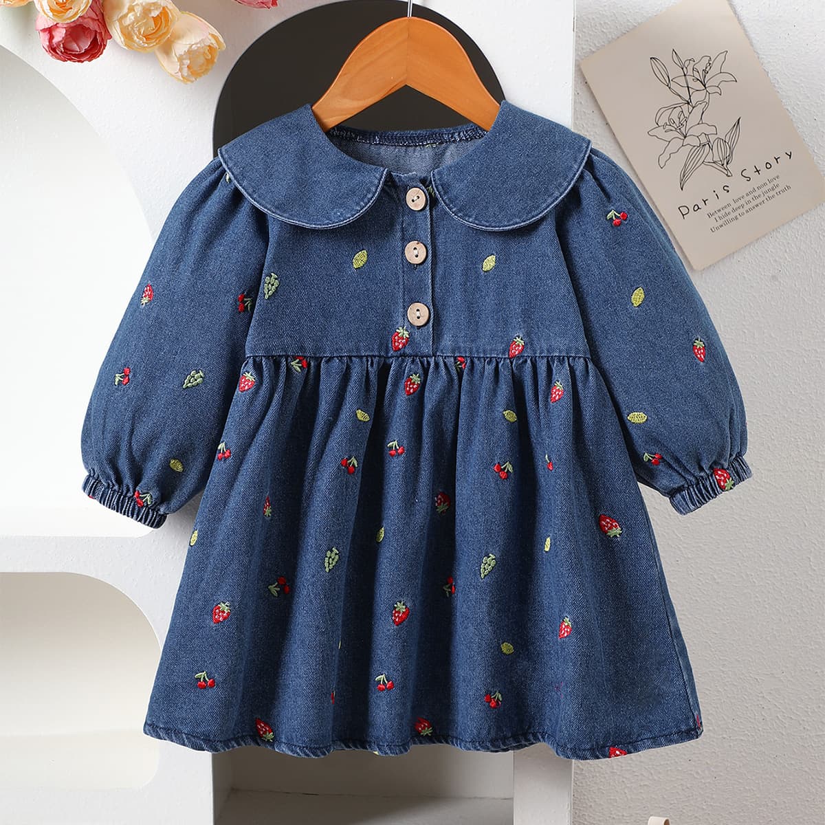 Girl's Embroidered Strawberry Denim Dress Spring/Autumn 2025 New Fashion Girl's Peter Pan Collar Princess Dress