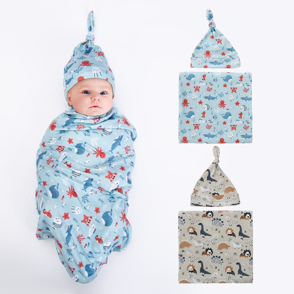 Newborn Baby Swaddle Towel Elf Hat Set Cartoon Print Baby Swaddle Winter Children's Bath Towel Export Product