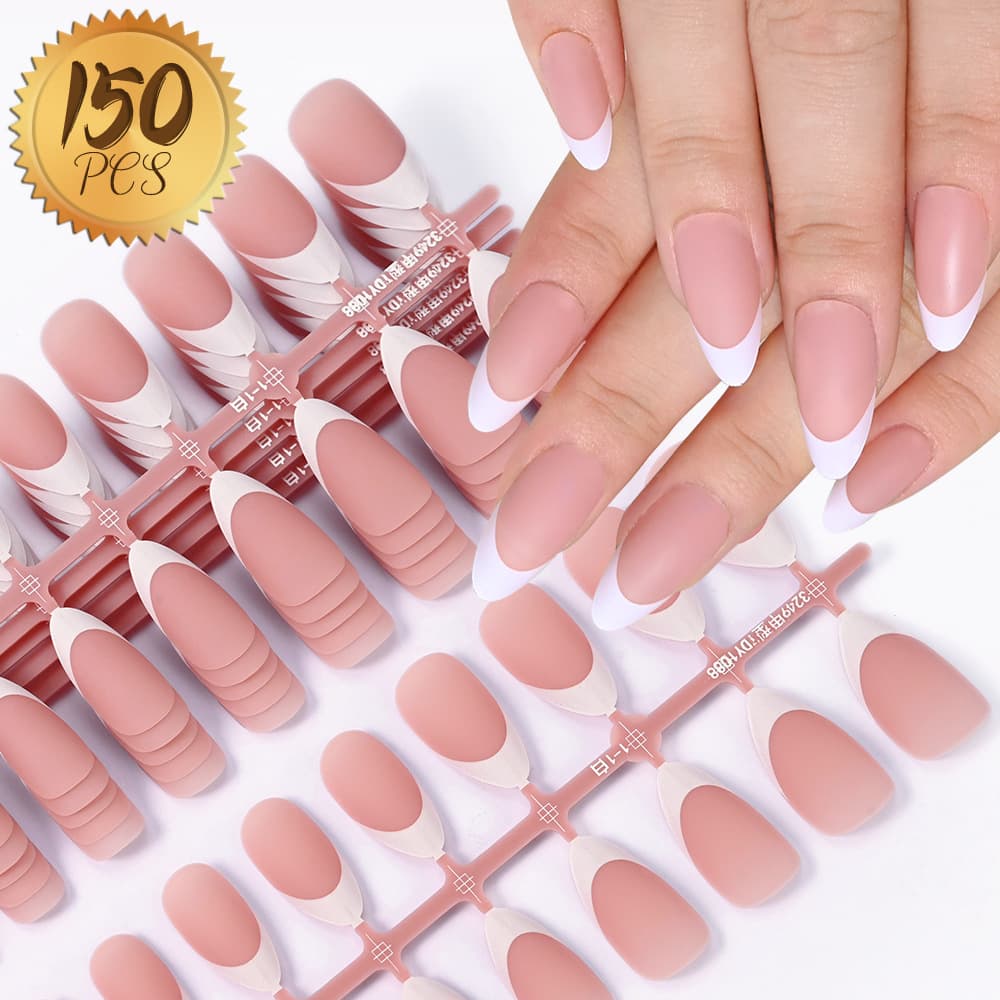 150 Pieces French White Edge Wearable Nails Nude Pink False Nail Tips Full Cover Matte Manicure Nail Tips Ultra-Thin Natural Look