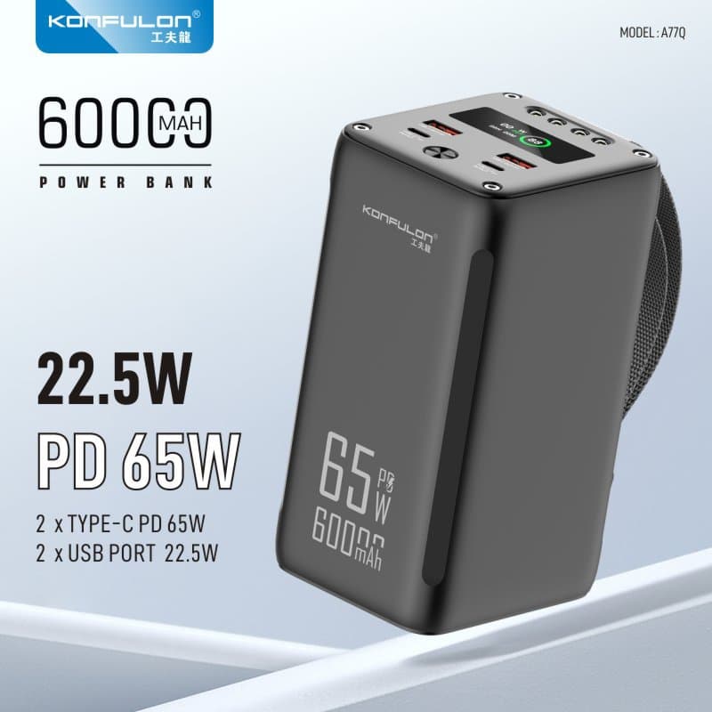 Konfulon Gongfulong 2025 Hot-Selling Fast Charging 65-Watt 60000-Milliamperes Large-Capacity Power Bank with Built-In Led