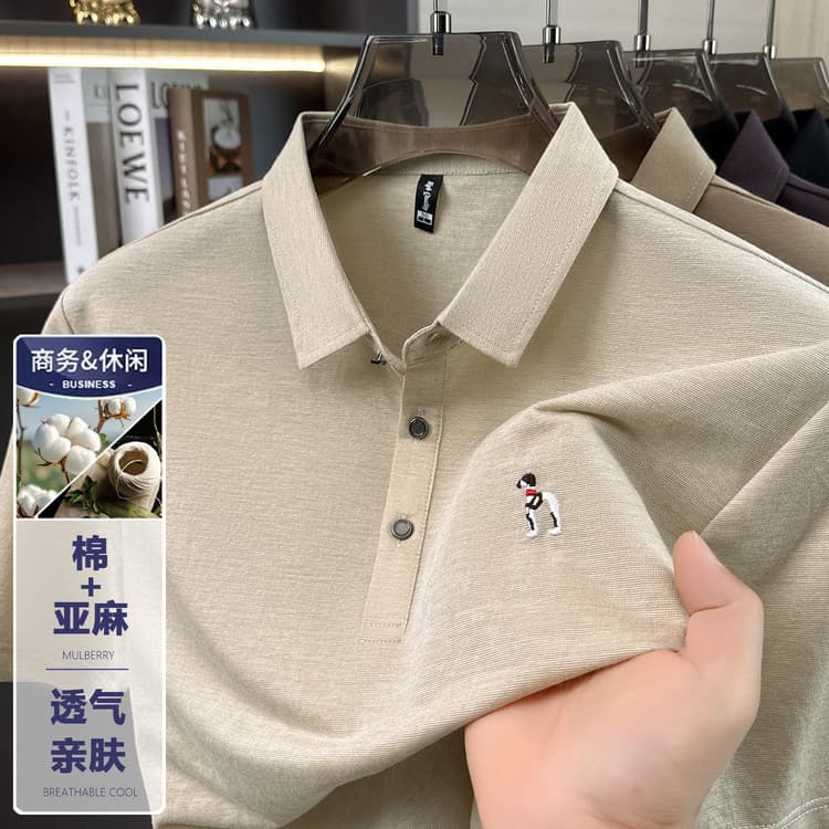 Oulai Clearance Sale Embroidered Men's Polo Short Sleeve Business Summer Turn-down Collar New Casual Cotton-Linen Blend T-Shirt