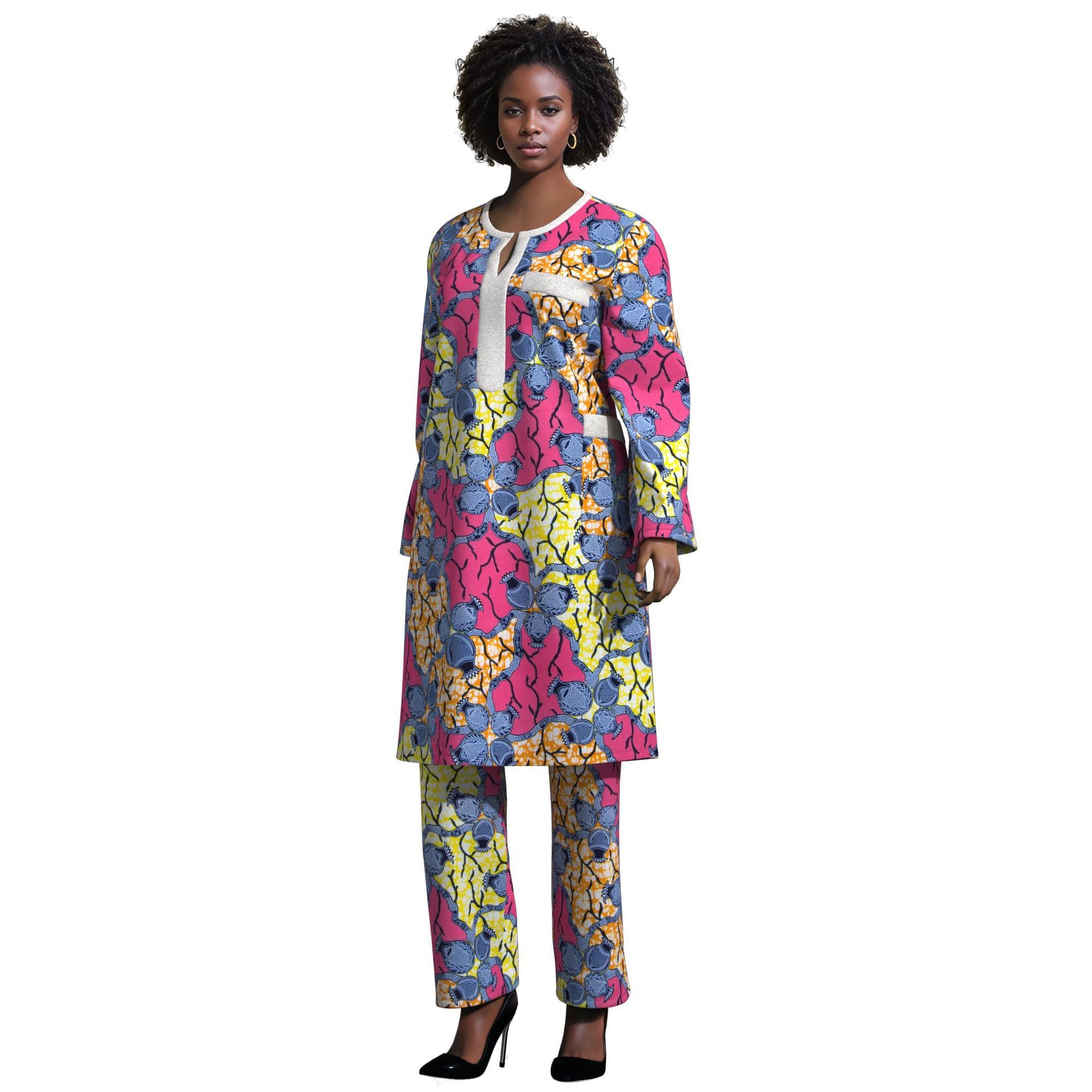 African fashion women's round neck long-sleeved mid-length top and straight leg trousers, cross-border source women's casual two-piece set