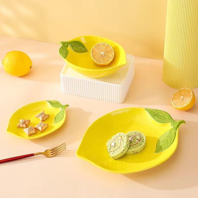 Exported Lemon-Shaped Hand-Painted Ceramic Bowl and Plate Set, Cute Fruit Bowl and Dish, Simple and Creative Home Decor