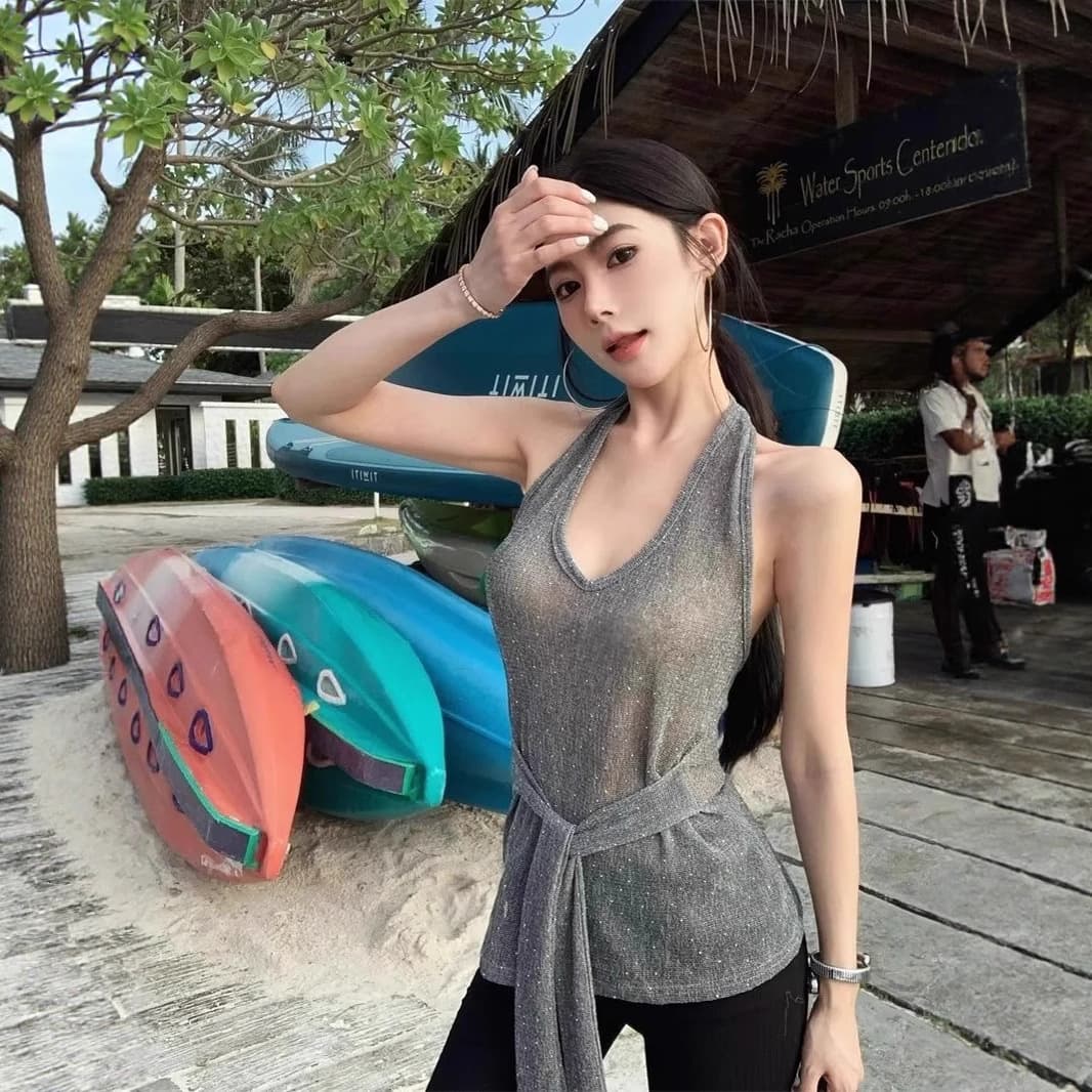 Gray V-Neck Sparkle Halter Top with Sheer Back, Women's Summer 2025 New Mid-Length Waist-Tie Blouse