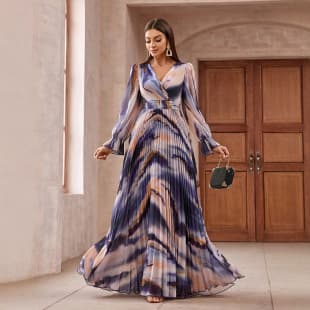 KY1238 Premium Quality Women's Long-Sleeve V-Neck Ruffle Waist Dress for Daily Wear and Vacation