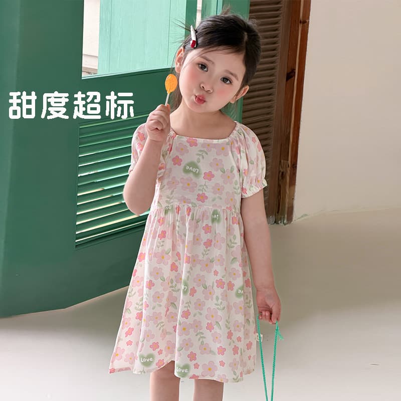 Girls Dress Summer 2026 New Floral Puff Sleeve Princess Dress Summer Baby Girl Summer Short Sleeve Dress
