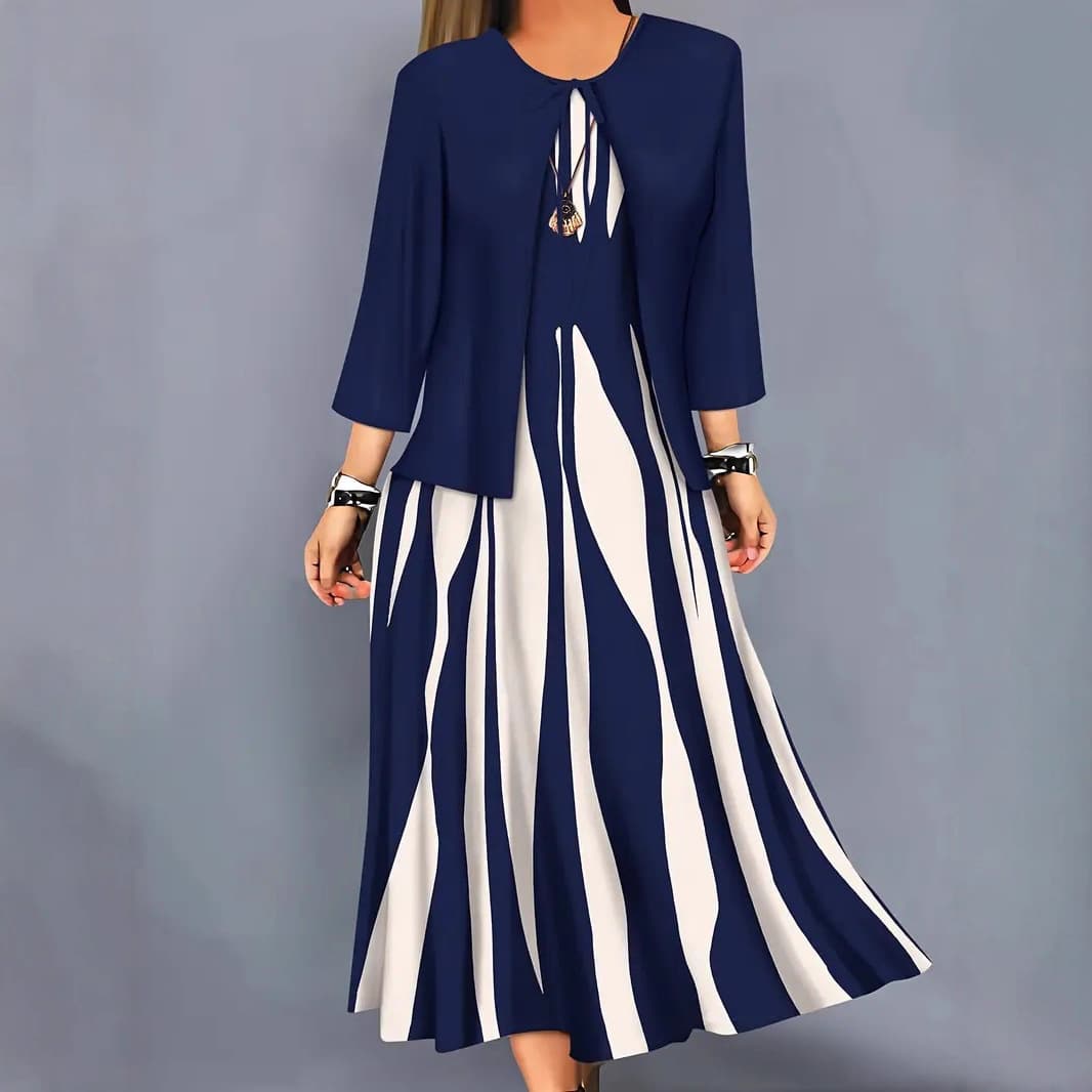 2025 European and American TEMU New Geometric Print Plus Size Dress Long-Sleeve Top Outerwear Long Skirt Set Two-Piece Set