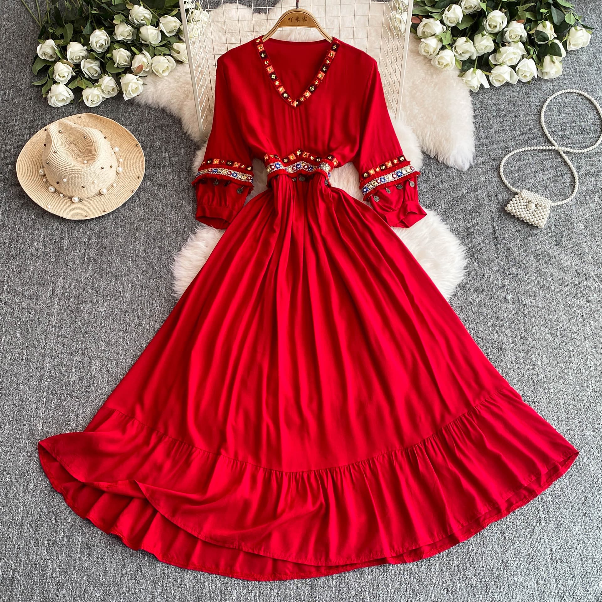 Exported Yunnan Ethnic Style Red Dress, Qinghai Chaka Salt Lake Xinjiang Travel Vacation Outfit Long Dress for Desert
