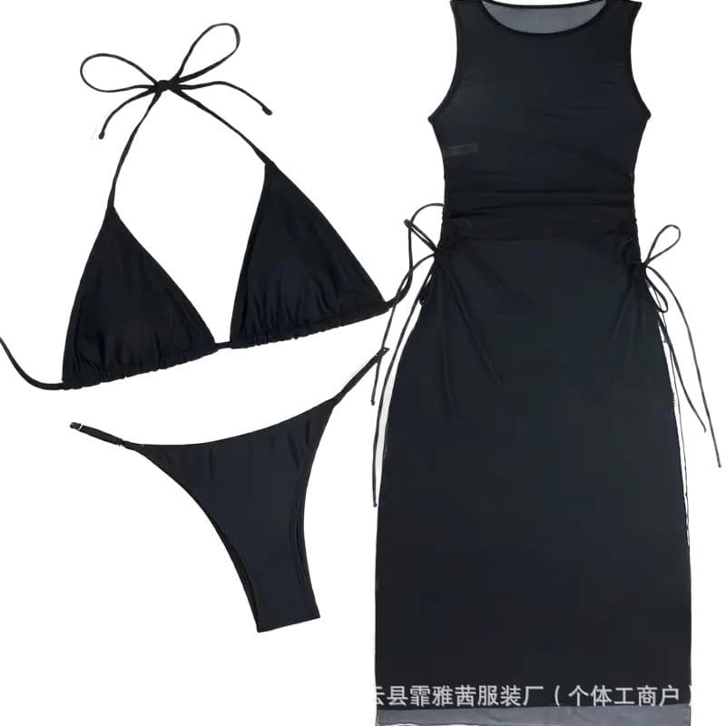 European and American Export 2025 New Plus Size Lingerie Sexy Sheer Mesh Three-Piece Set High Slit Seductive Long Dress
