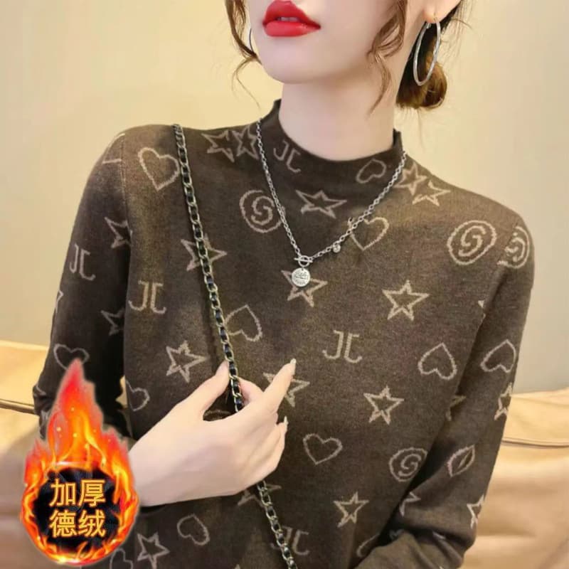 Velvet Semi-high Neck Thickened Warm Base Layer Women Autumn Winter Fashionable Versatile Long Sleeve T-Shirt Women Slim Fit Slimming Top