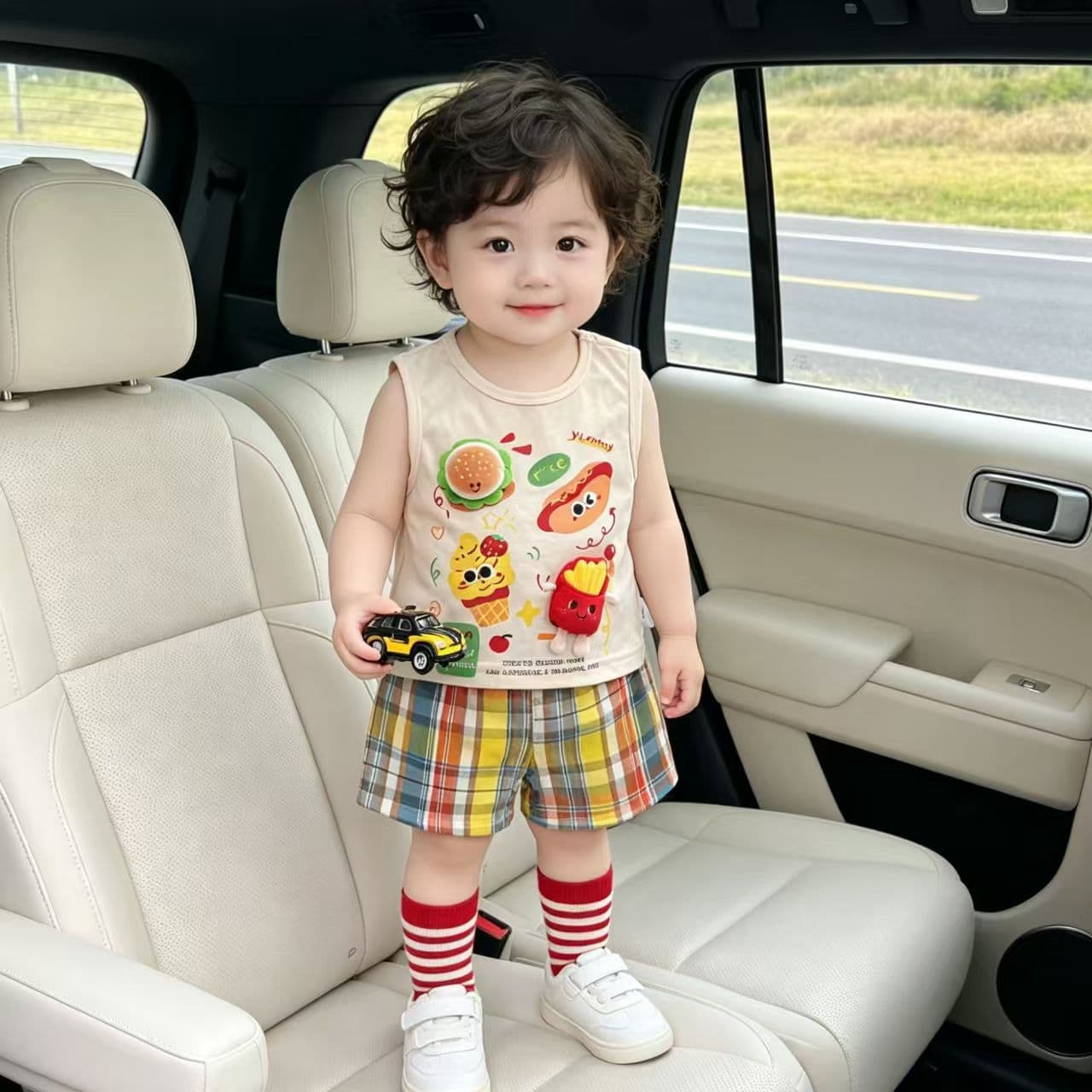 Baby boy's Western-style hamburger split suit summer wear infant clothes vest plaid pants two-piece set small month old