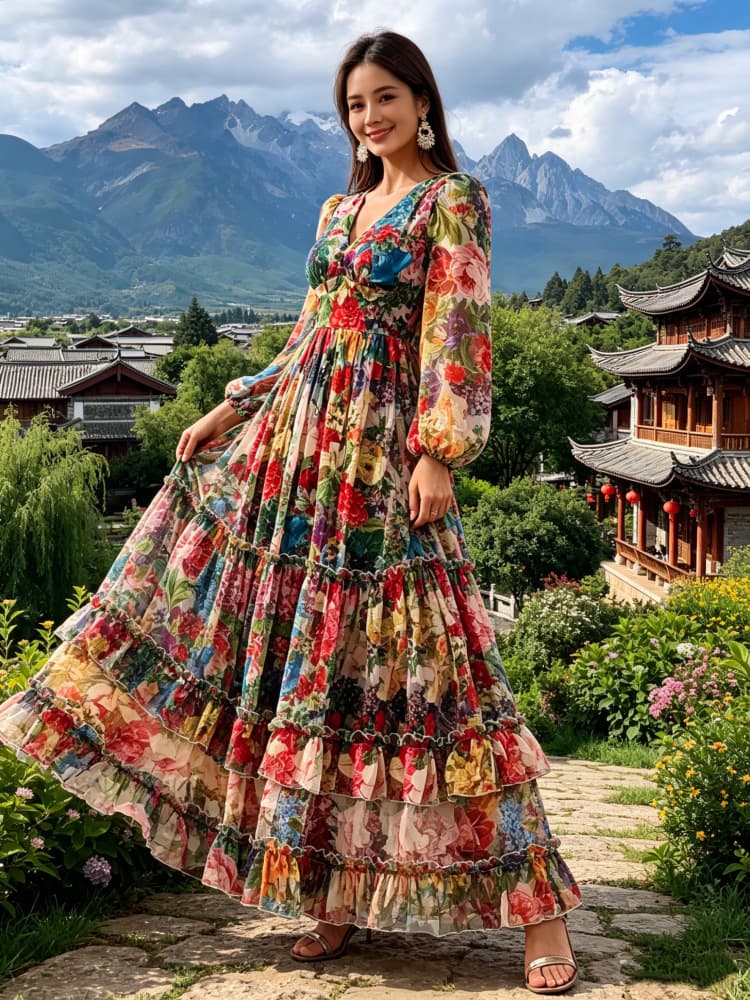 European and American Women's Summer New Slim Fit Long Sleeve Dress Romantic Floral Print Long V-Neck Casual Travel