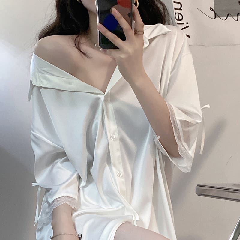 2024 Summer Short Sleeve Midi Nightdress Pajamas Women Sexy Fashion Shirt Collar Ice Silk Lace Trim Nightdress