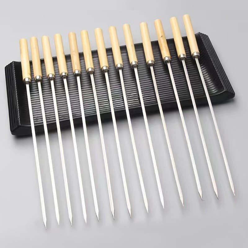 Wholesale Stainless Steel Wooden Handle BBQ Skewers, Lamb Skewers Round and Flat Iron Skewers, BBQ Small Tools
