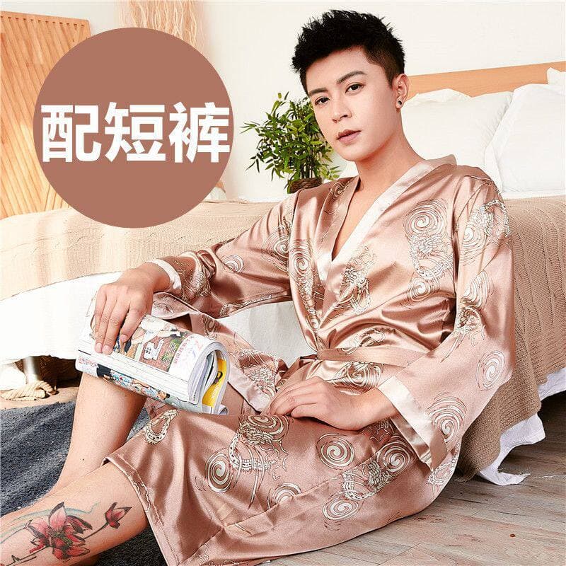 Silk Robe for Men Summer Long Sleeve Thin Ice Silk Bathrobe Men's Mid-Length Spring/Autumn Sleepwear Homewear