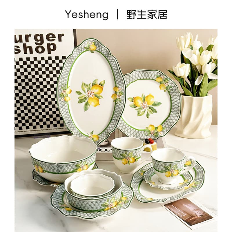 French fresh lemon tableware set embossed household ceramic bowls, plates, cups and saucers Internet celebrity high-looking tableware wholesale
