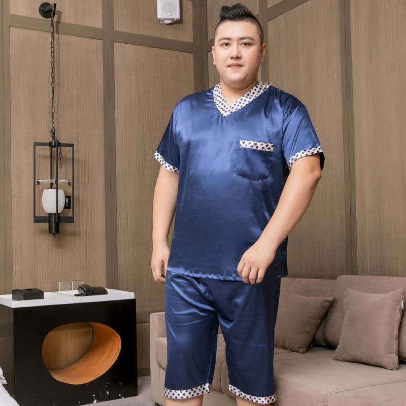 Plus Size Men's V-Neck Bathrobe Sleepwear Set with Short Sleeves and Shorts, Extra Large Fit for Up to 280 lbs, Pullover Home Wear