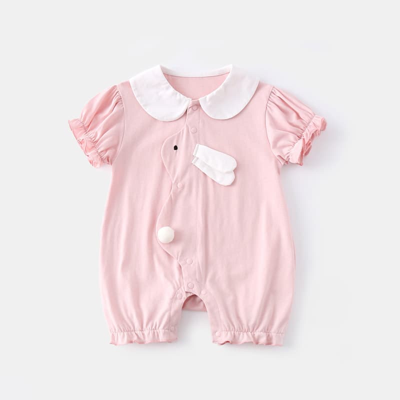 Baby Summer Thin Short-Sleeve Bodysuit for Girls, Cute Pink Rabbit Romper, Infant Crawling Outfit