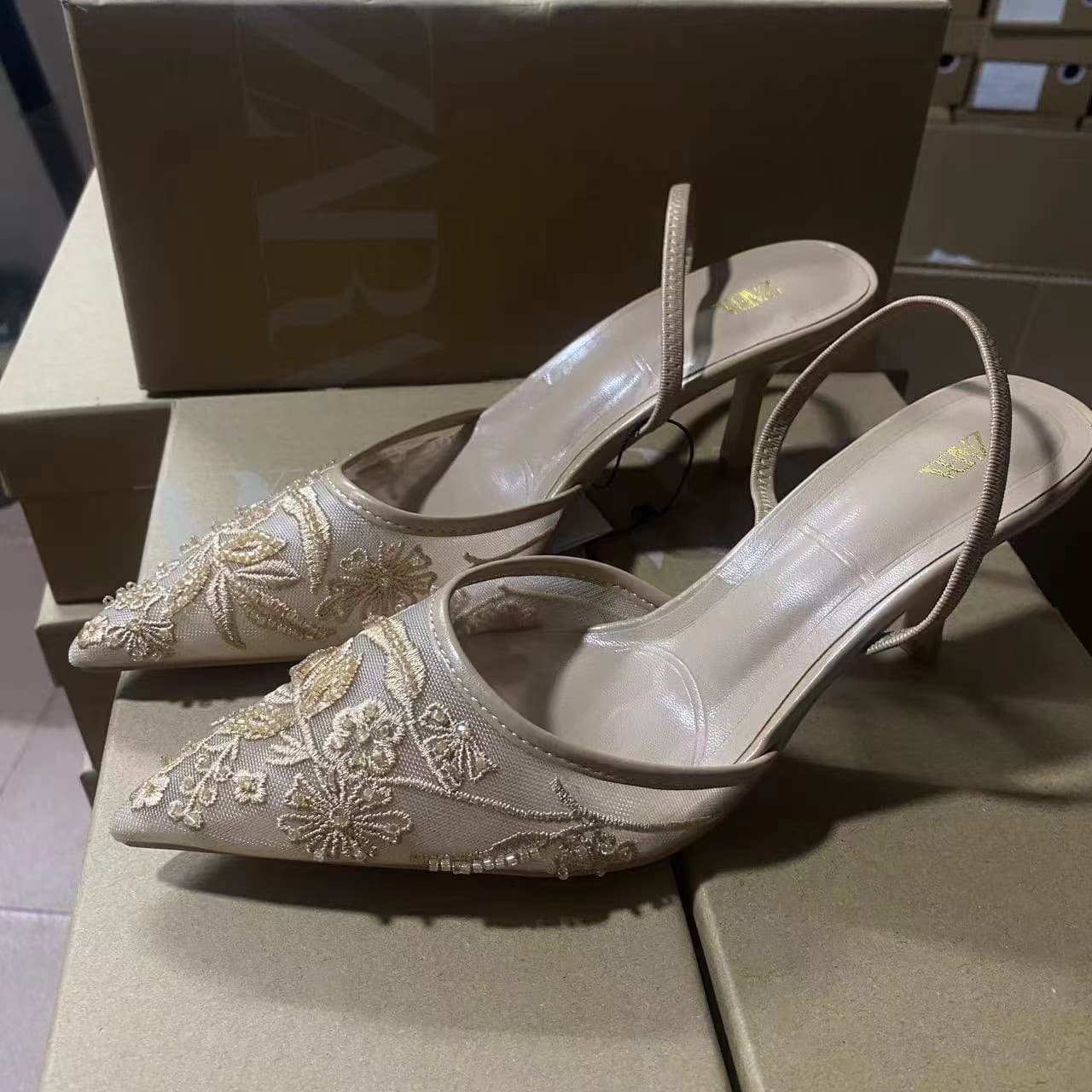 ZA Factory Export Woven Mesh Chinese Style Pointed-Toe High Heel Women's Shoes, Pearl Premium Taupe Gray, Shallow Mouth with Back Strap Women's Sandals