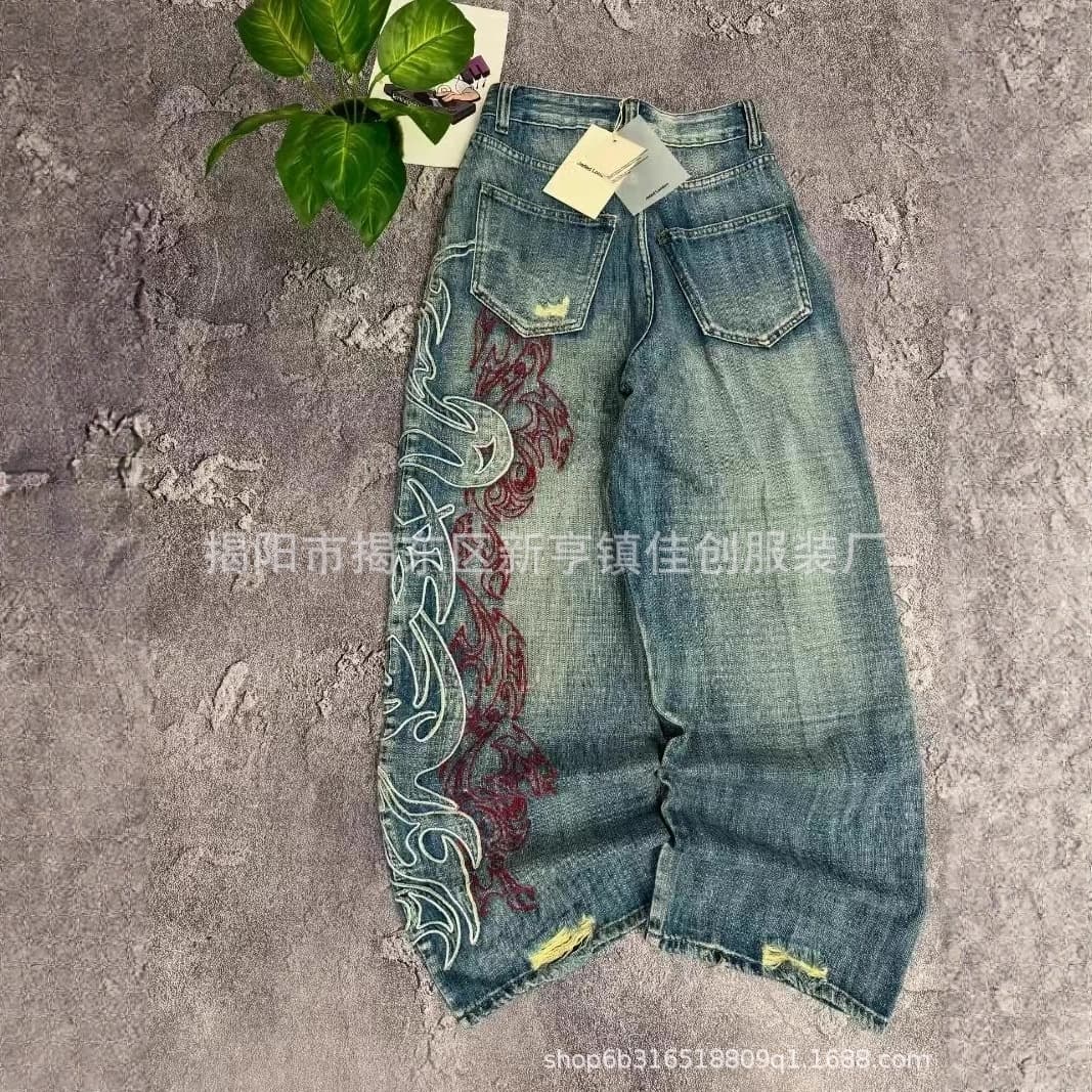 Loose Personality Long Pants Cross-Border Foreign Trade Trendy Embroidered Jeans Retro Washed Street Wide-Leg Jeans