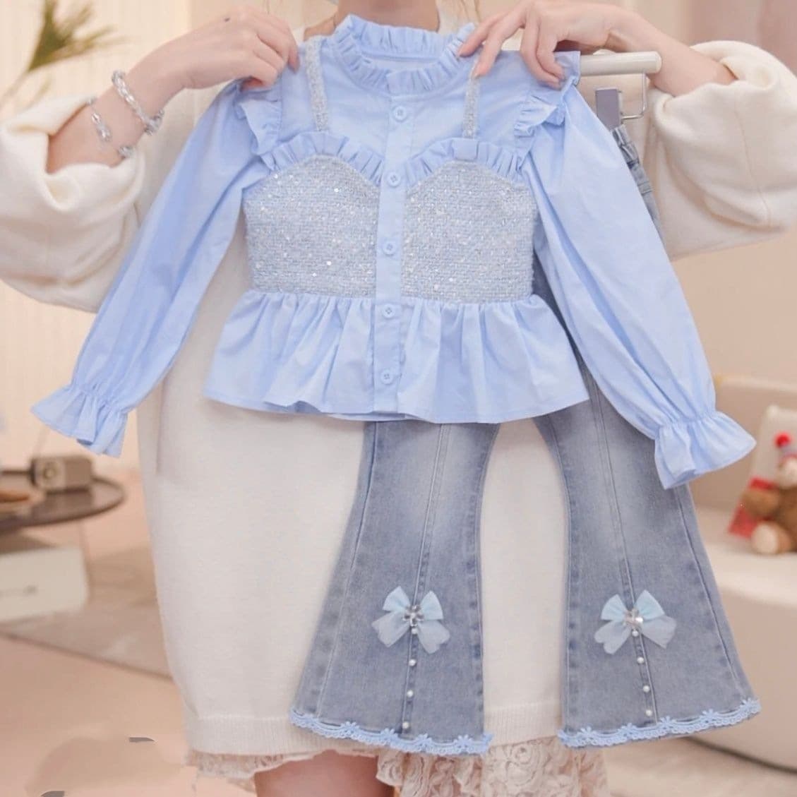Girls Early Autumn Korean Set 2026 New Kids Trendy Shirt Jeans Baby Girl Spring Autumn Internet Celebrity Set