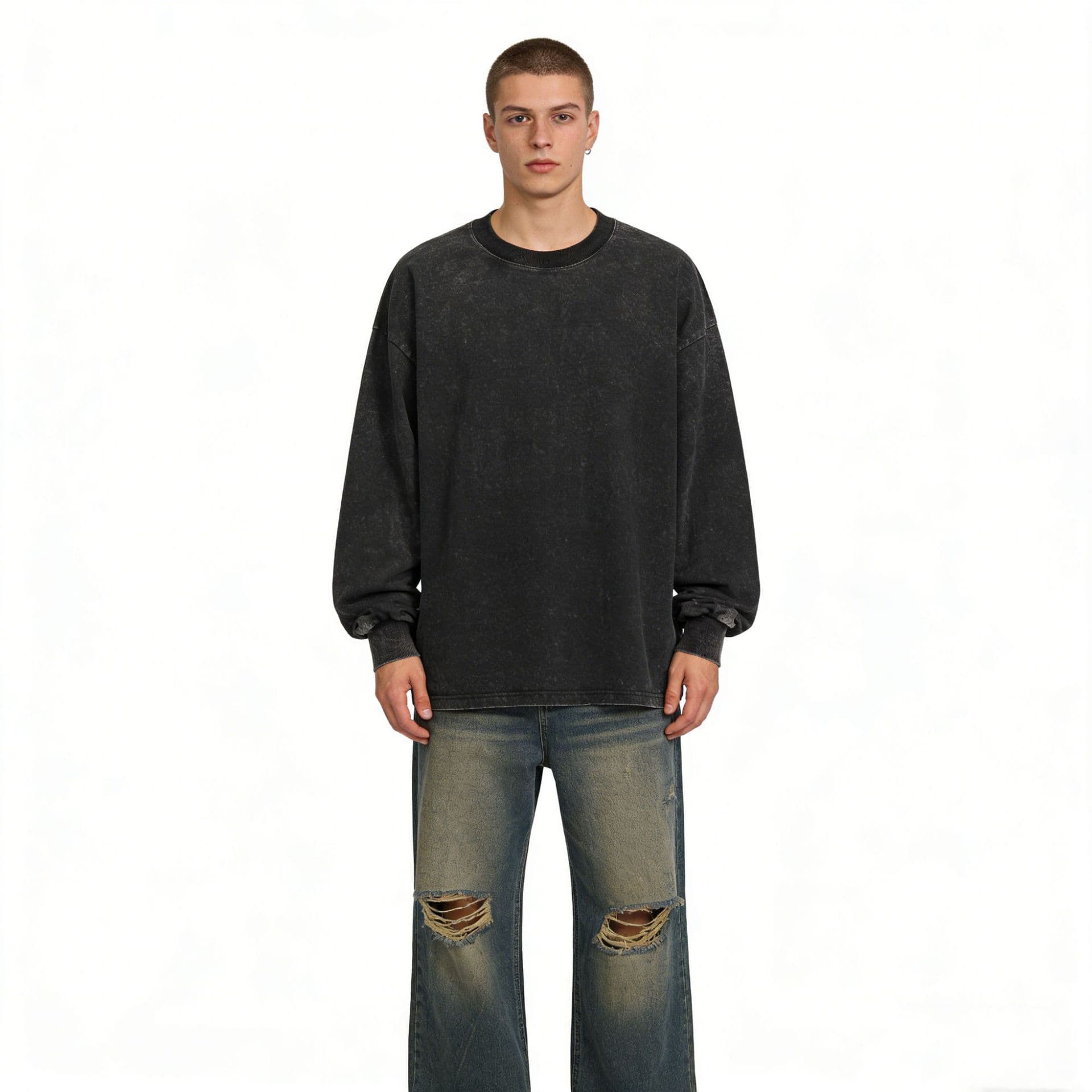 230g Pure Cotton Heavyweight Distressed Long-Sleeve T-Shirt, European Size, Off-Shoulder, Washed Retro Style, Autumn Loose Oversize Fit