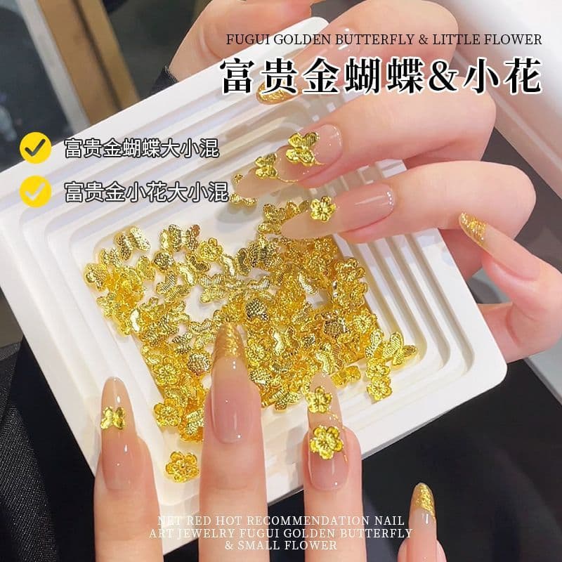 New Gold Wealth Flowers and Butterflies Alloy Nail Art Metal Super Sparkly Mixed Sizes Nail Decorations