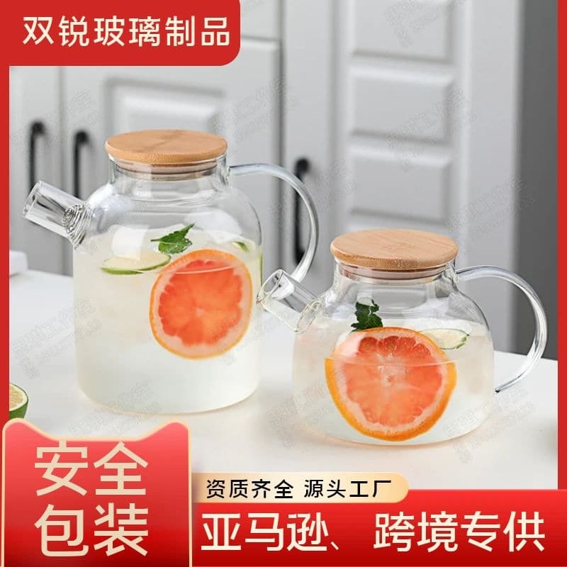Amazon Cross-Border Exclusive Cold Water Pitcher, High Borosilicate Transparent Glass, Tea Brewing Pot with Bamboo Lid, Iced Tea Pitcher