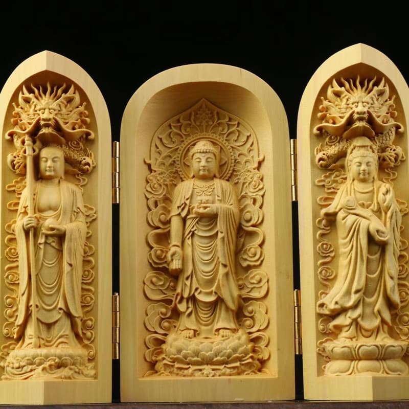 Boxwood Carved Portable Shrine Thousand-Hand Guanyin Bodhisattva Western Three Saints Statue Three-Opening Box Statue Home Decoration