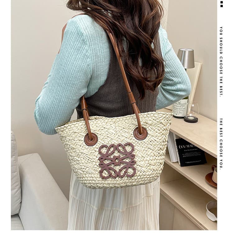 Luo Jia Straw Woven Bag Handwoven Retro Woven Tote Bag Beach Vacation Shoulder Bag