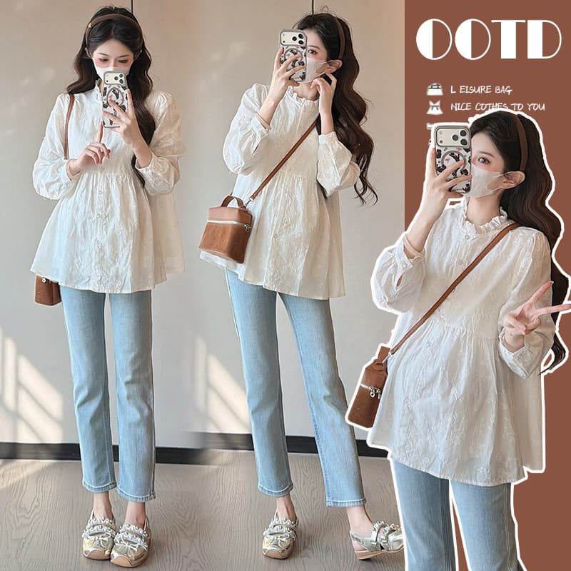 Maternity Wear 2026 Spring New Korean Style Fashion Embroidered Maternity Shirt Nursing Dress