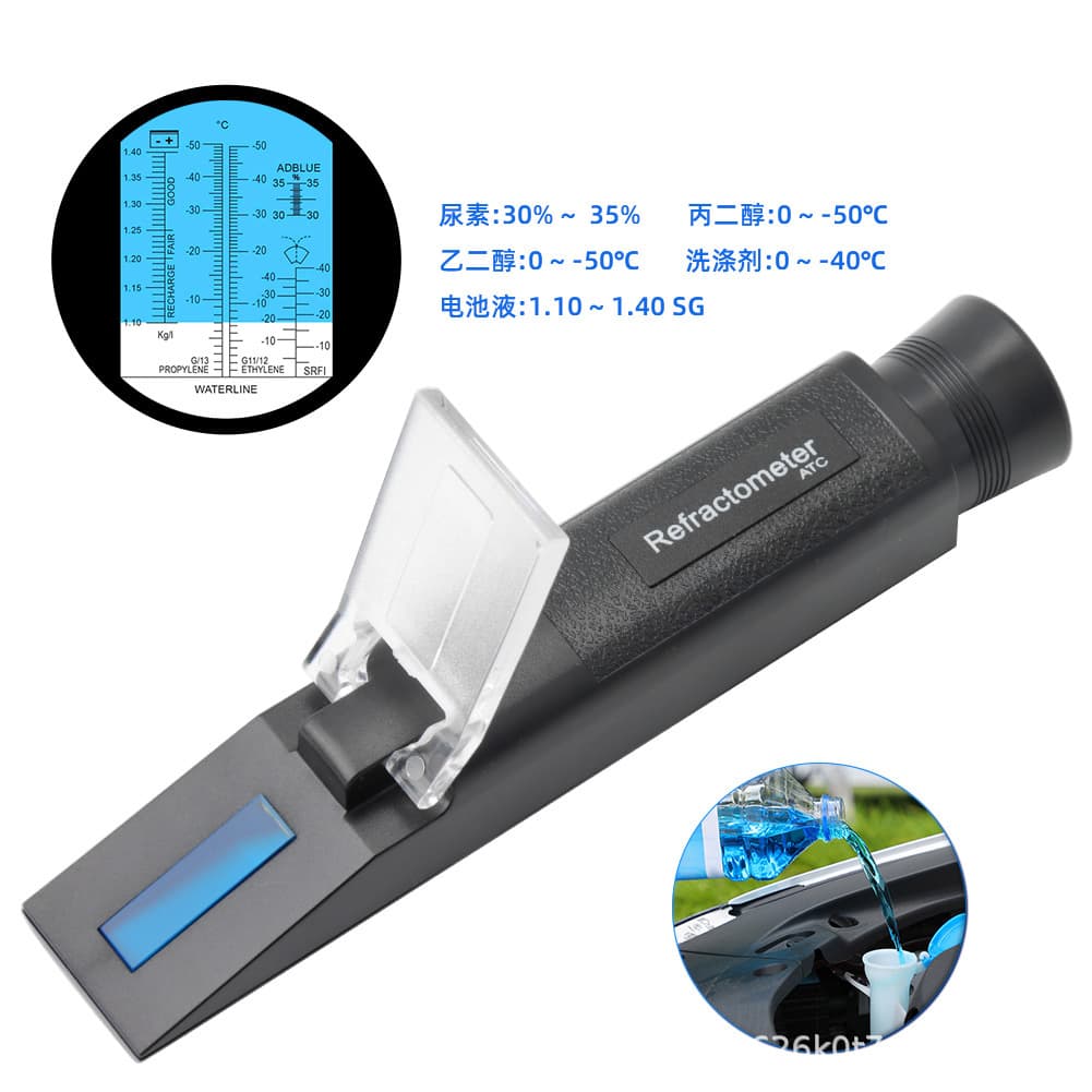 Portable handheld refractometer, freezing point meter, ethylene glycol antifreeze, automotive urea freezing point meter, battery fluid tester