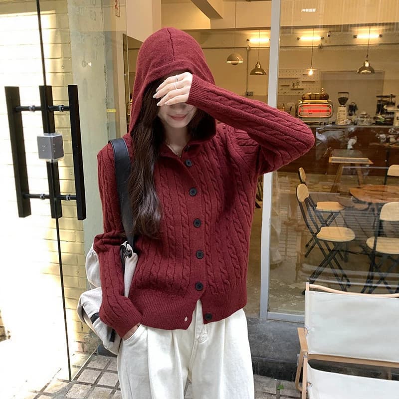 Korean Style Hooded Cable Knit Cardigan Women New Fall/Winter Design Button Sweater Jacket Unique Versatile Top