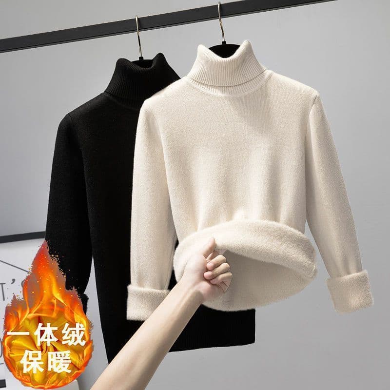 All-in-One Fleece Black High-Neck Thermal Base Sweater for Women, Thickened, Trendy, Winter Versatile Warm Inner Layer