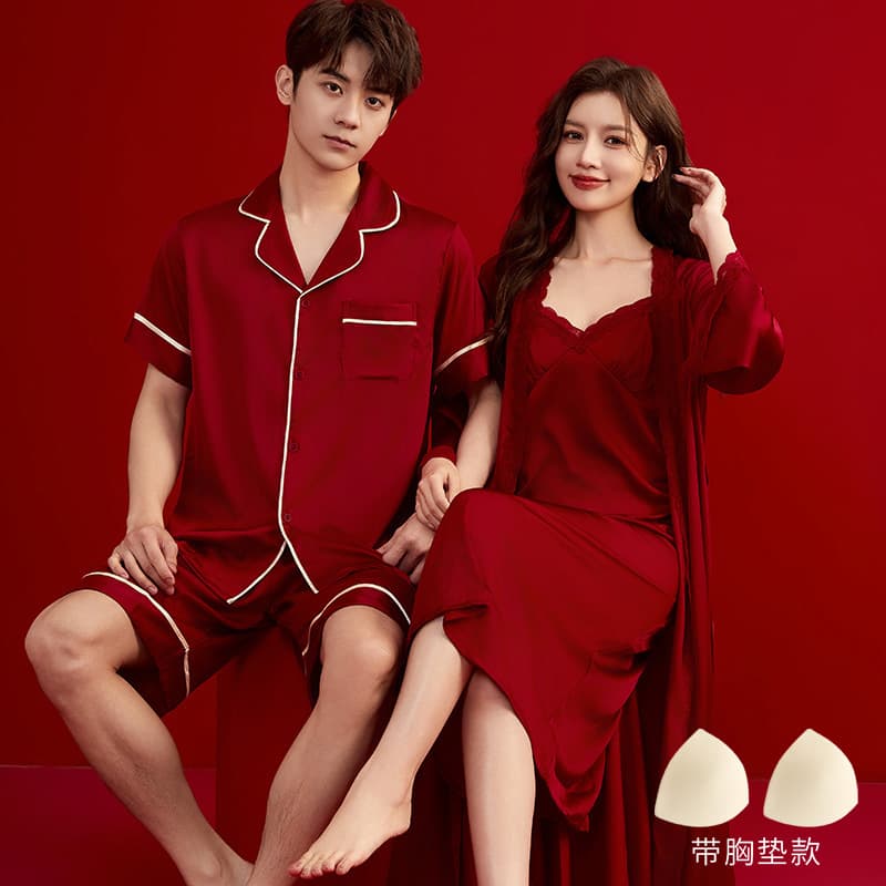 Couple Pajamas for Wedding, Women's Summer Ice Silk Short Sleeve Shorts Pajamas, Men's Ice Silk Premium Silk Loungewear