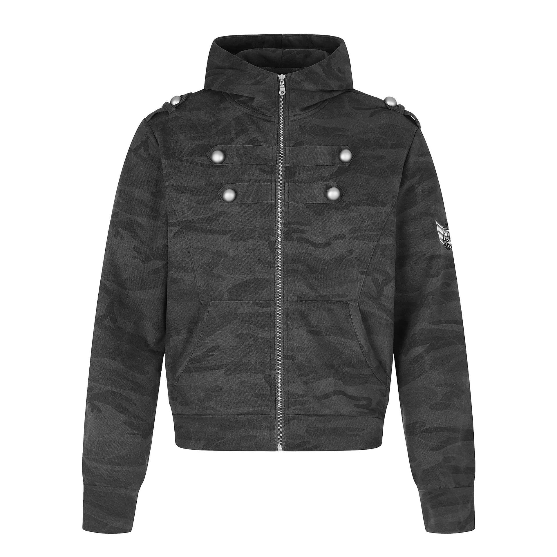 American High Street Camo Cropped Jacket Men Rivet Decor Hooded Coat Streetwear Techwear Zip Cardigan Top